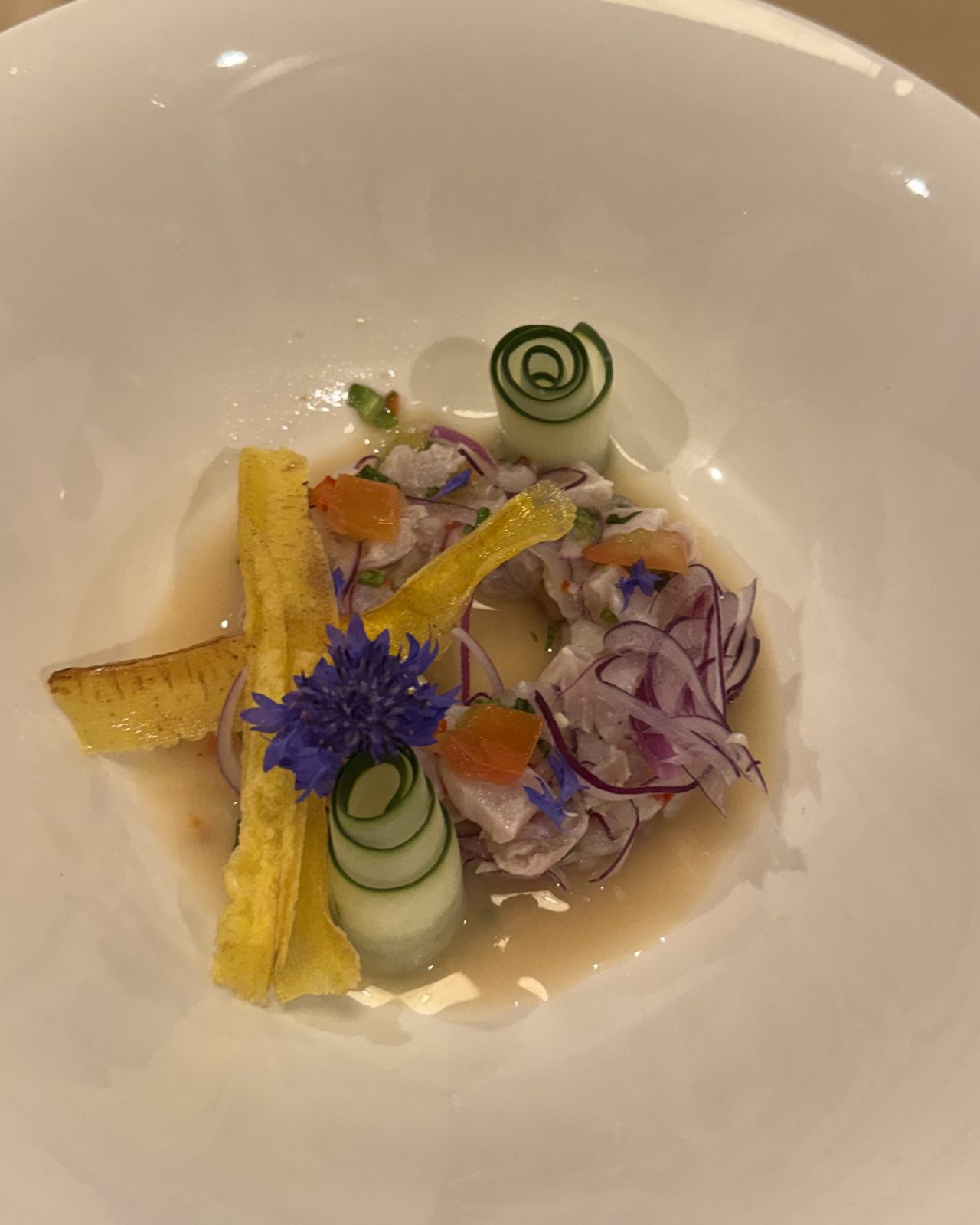Ceviche of fish landed that morning, with red onion and plantain