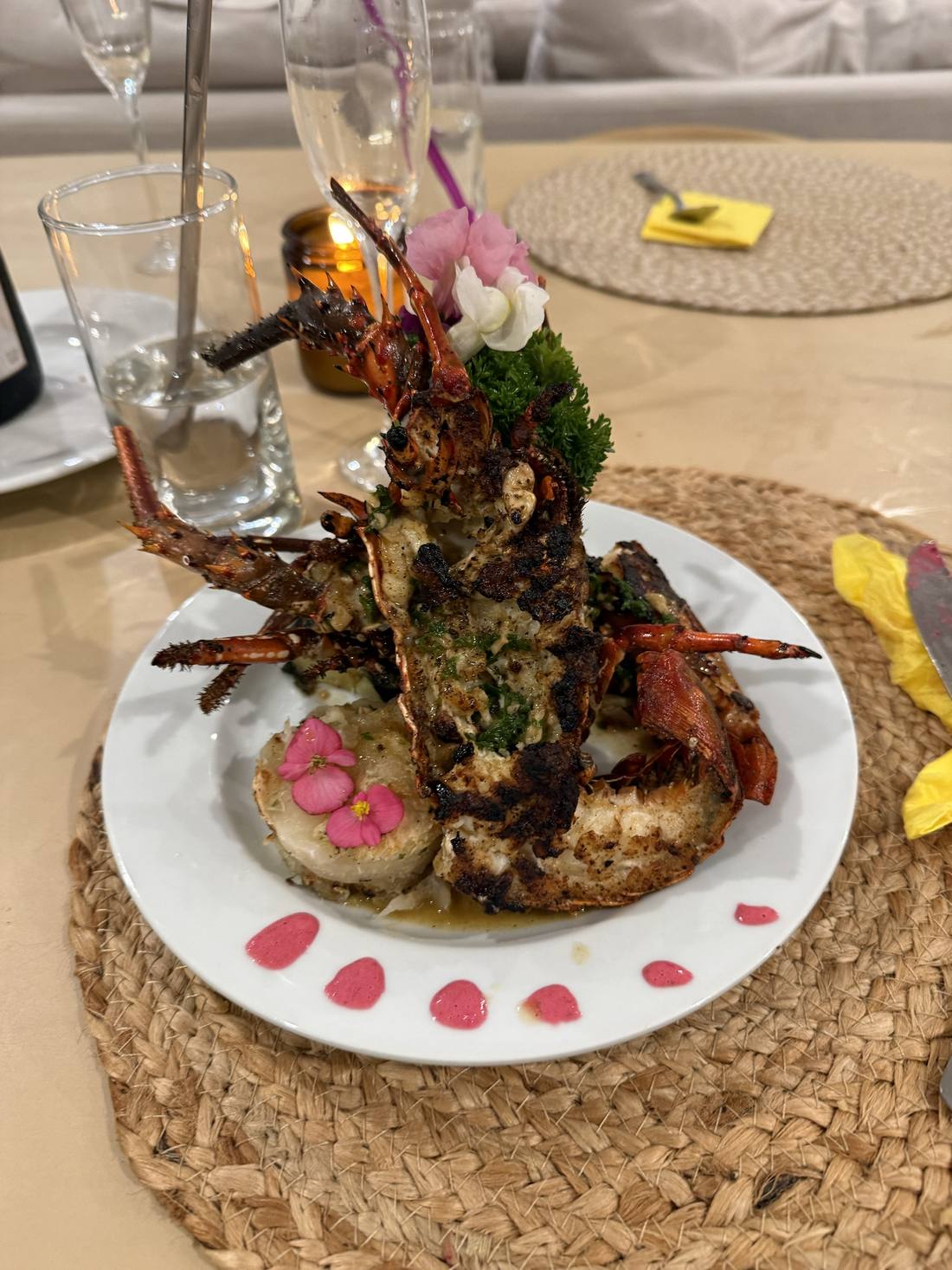 Grilled Caribbean lobster with garlic and herb butter, plated for dinner service